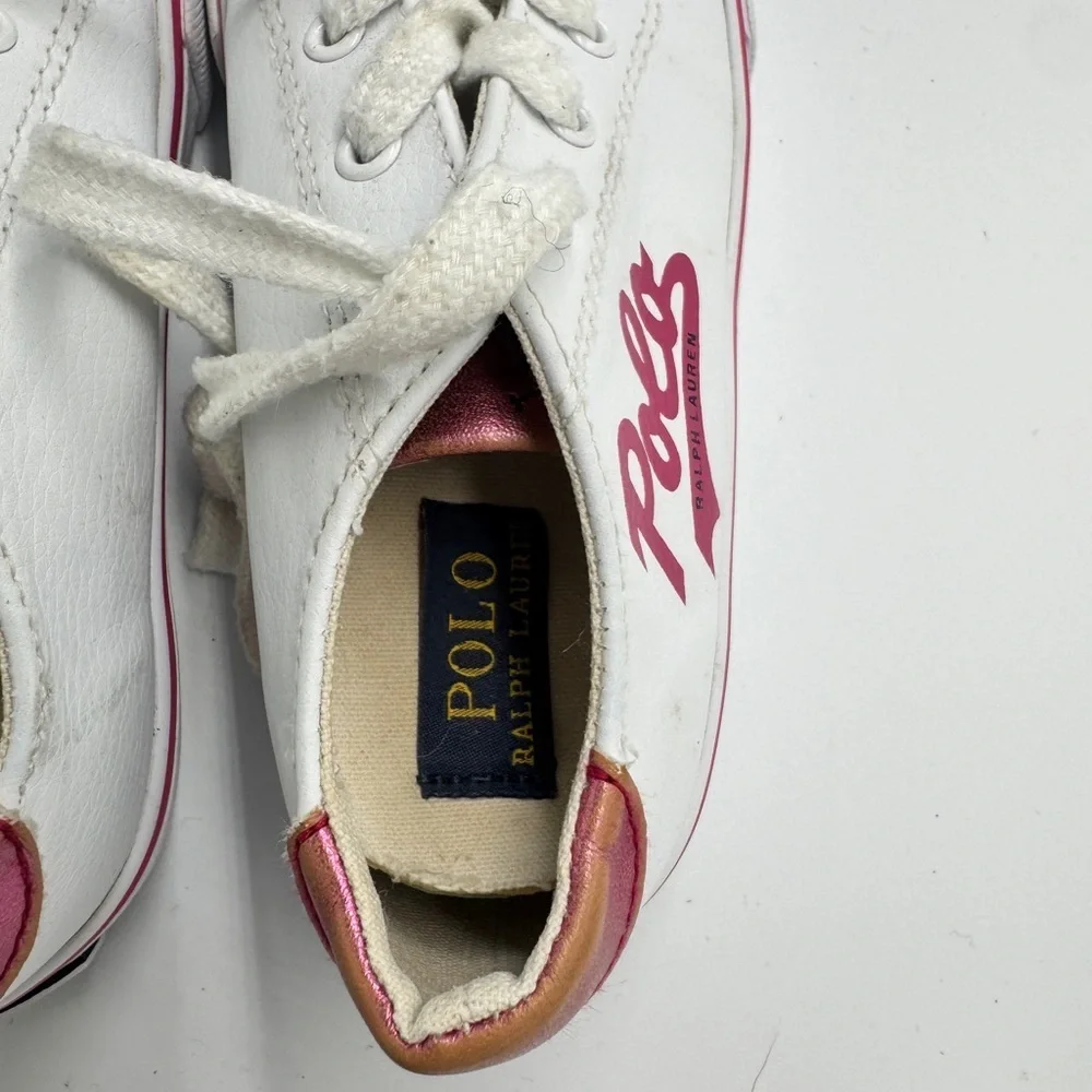Polo by Ralph Lauren Toddler Girl Size 10 Kids White Sneakers with Pink Accents - Picture 8 of 11